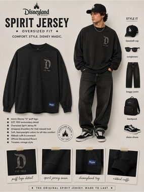 Disneyland Resort Black Spirit Jersey Oversized Puff Logo Long Sleeve M